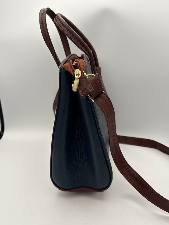 Womens Dark Navy Leather Handbag With 5 Compartments And Detachable Strap
