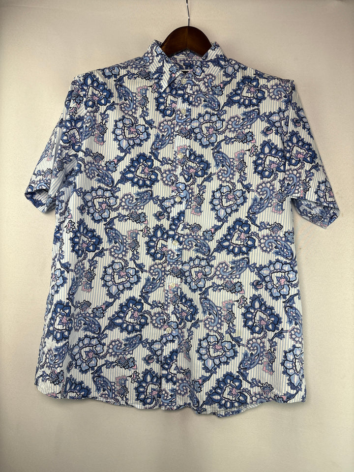 Men’s Club Room Large Blue Striped Paisley Short Sleeve Button Up
