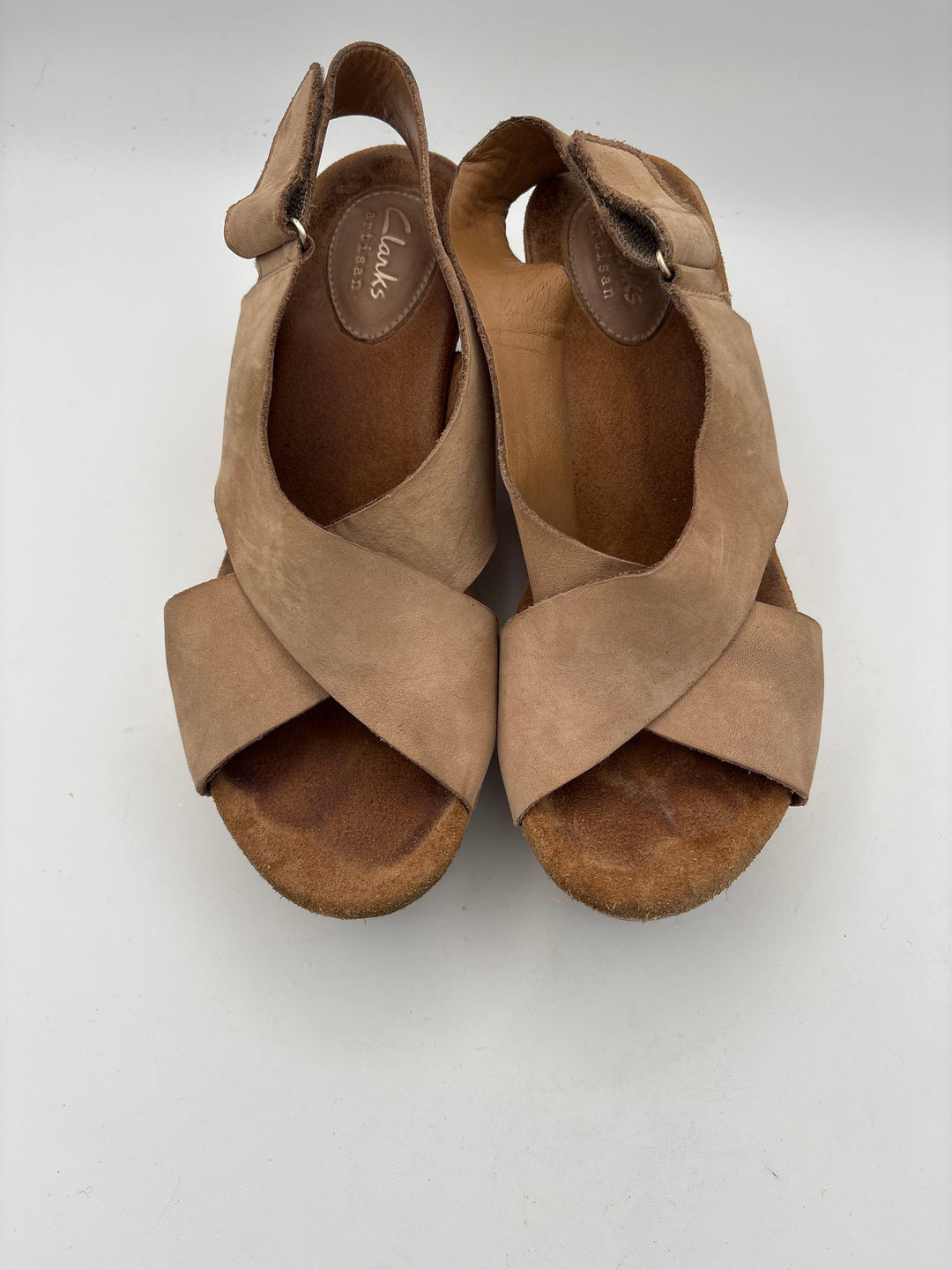 Clarks Womens Tan Wedge Sandals Size 7.5 Crisscross Strap 3 Inch Heel