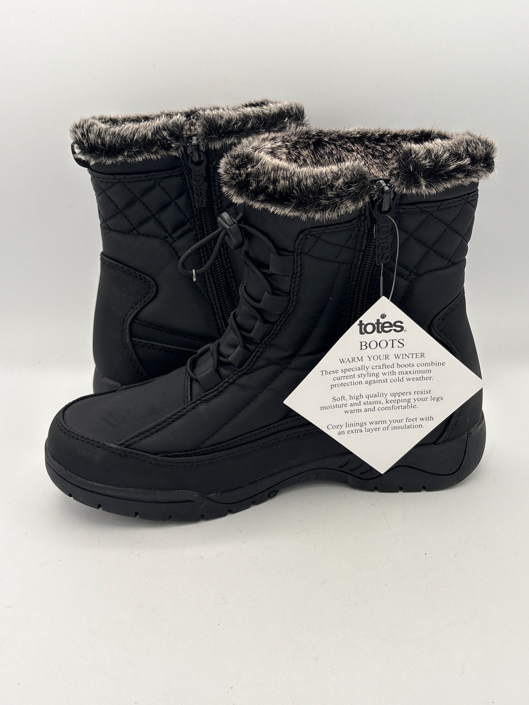 Totes Womens Black Snow Boots Size 7 with Fur Lining and Side Zippers