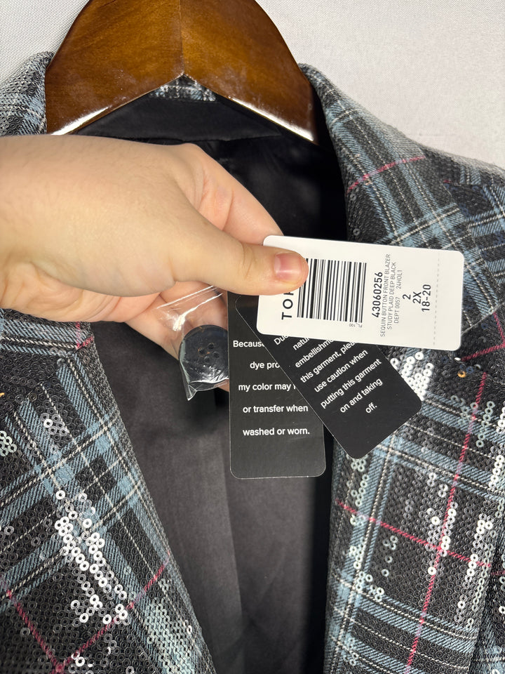 Torrid Womens Size 2X Black Blue Pink Plaid Sequin Lined Blazer