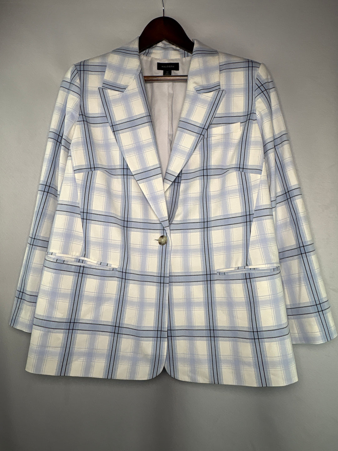 Womens Halogen Size 16W White Blue Plaid Stretch Blazer Jacket