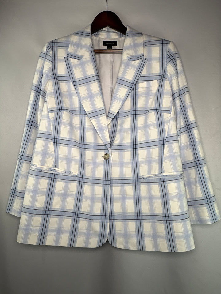 Womens Halogen Size 16W White Blue Plaid Stretch Blazer Jacket