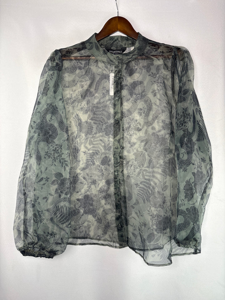 Women’s Nightfall Torrid Size 2 Sheer Green &amp; Black Floral Blouse
