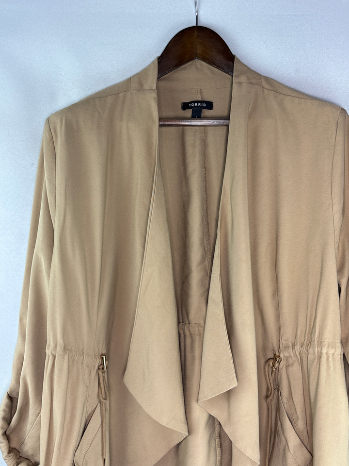 Torrid Womens Size 1 Tan Twill Drape Front Jacket With Buckle Sleeves