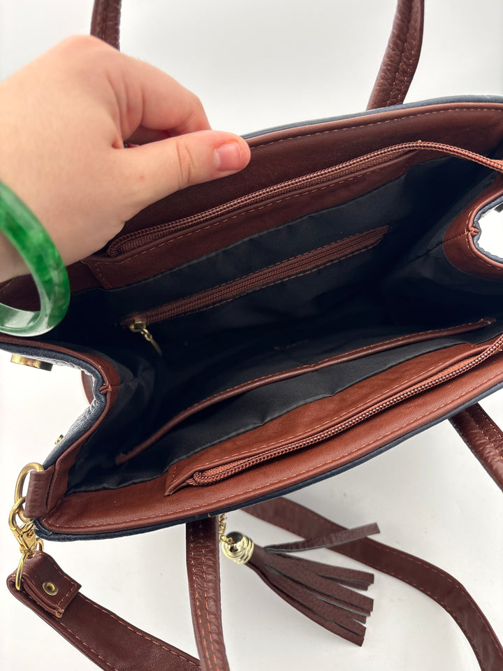 Womens Dark Navy Leather Handbag With 5 Compartments And Detachable Strap