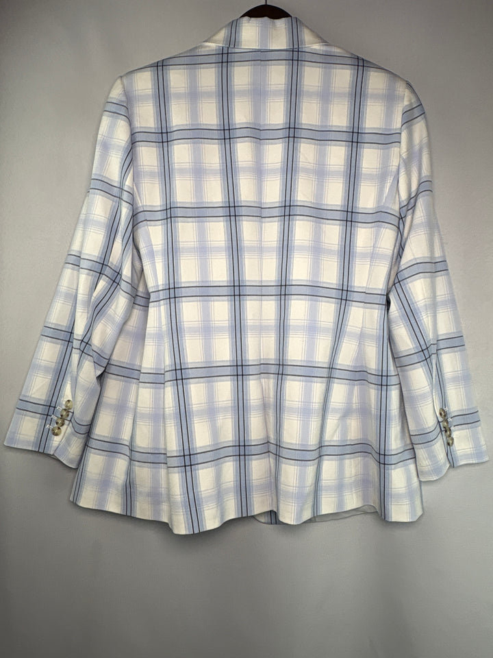 Womens Halogen Size 16W White Blue Plaid Stretch Blazer Jacket