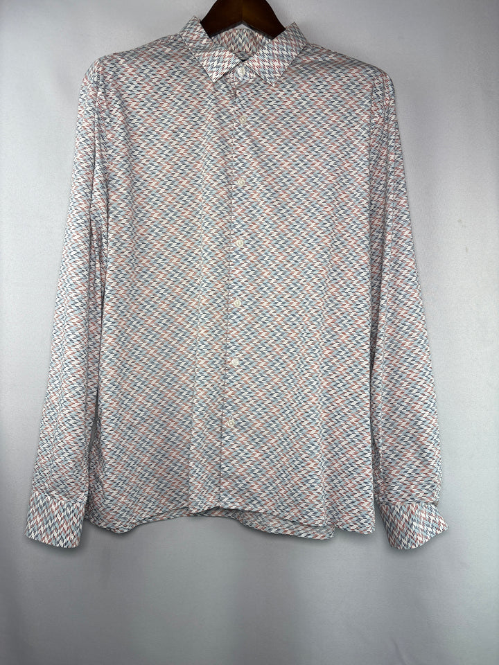 Men’s Perry Ellis XL White Red Blue Patterned Dress Shirt