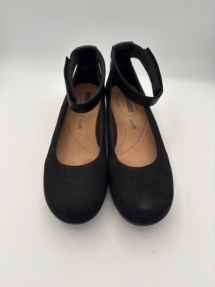 Women’s Clark’s Size 9 Black Suede Ballet Flats w/ Ankle Strap