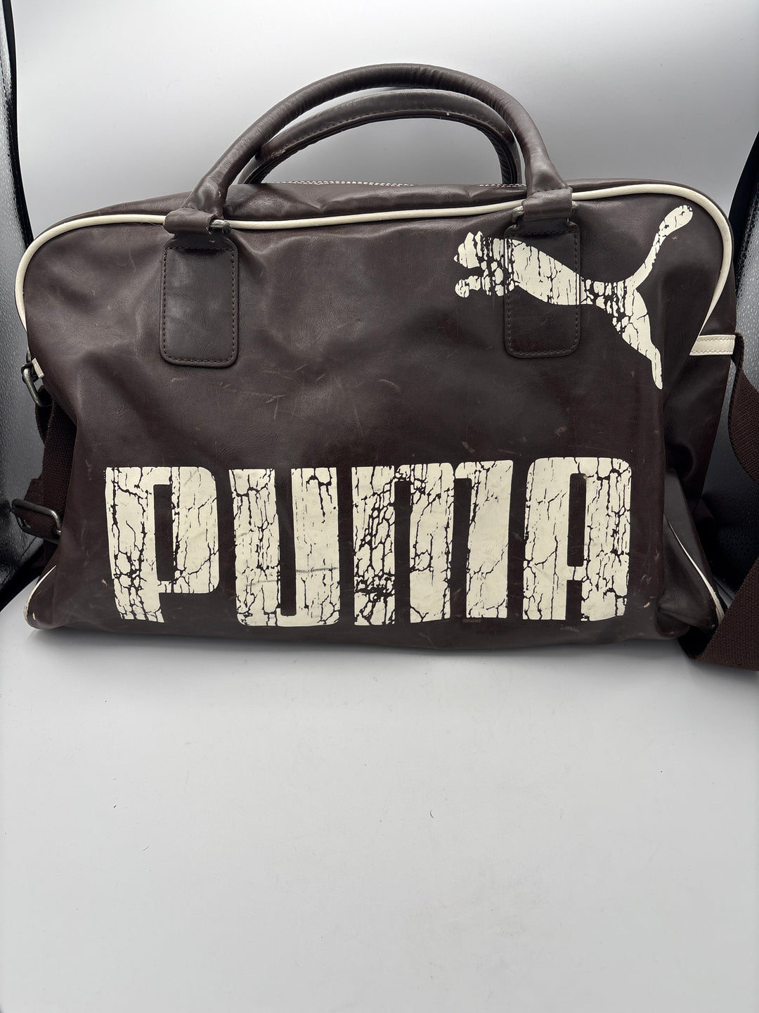 Unisex Vintage Puma Brown Leather Duffle Satchel w/ White Logo