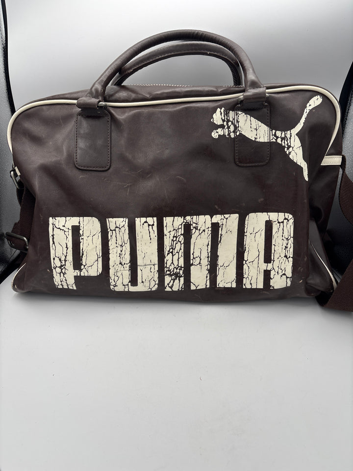 Unisex Vintage Puma Brown Leather Duffle Satchel w/ White Logo