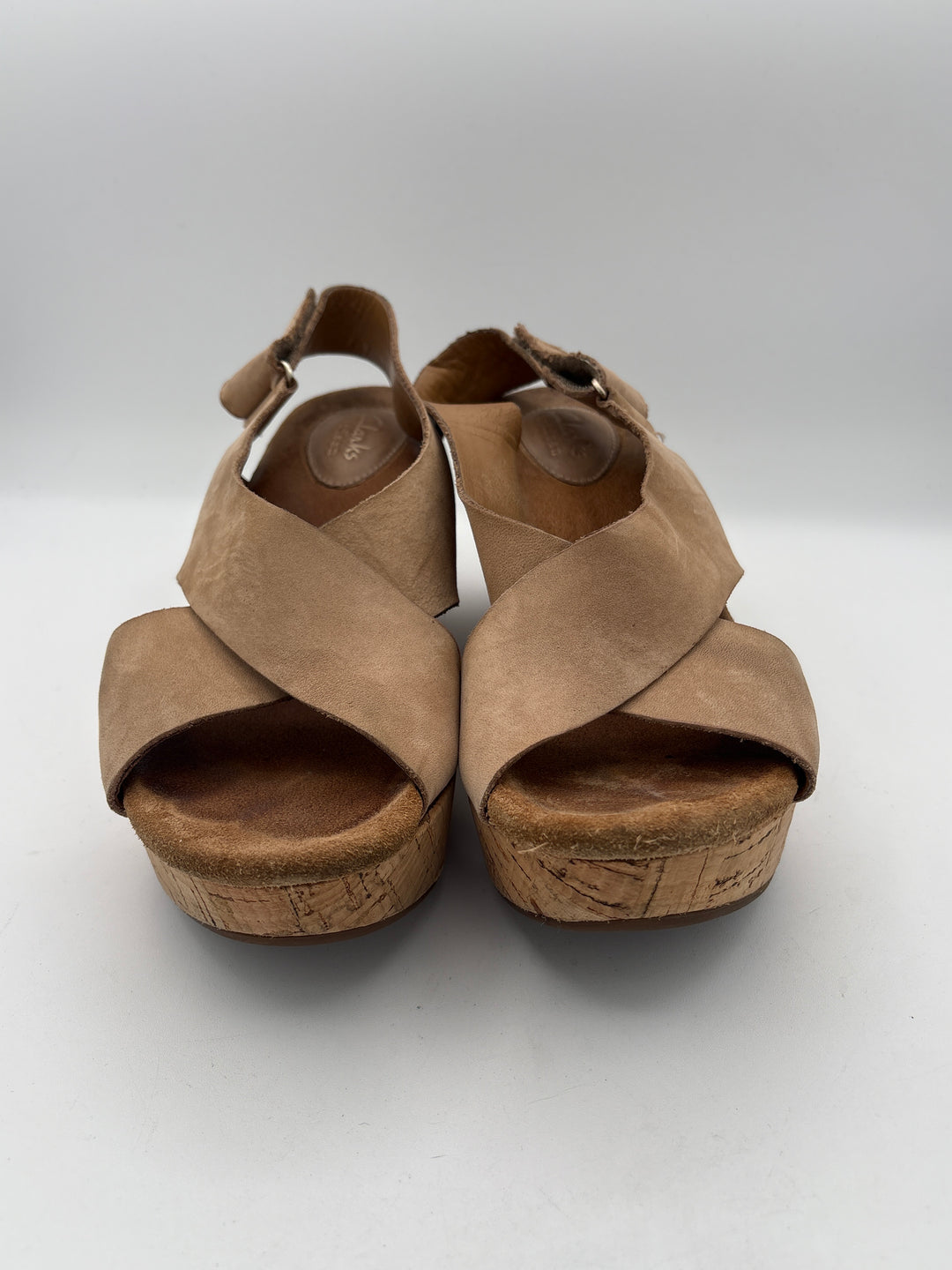 Clarks Womens Tan Wedge Sandals Size 7.5 Crisscross Strap 3 Inch Heel