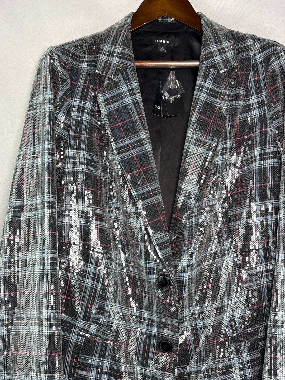 Torrid Womens Size 2X Black Blue Pink Plaid Sequin Lined Blazer