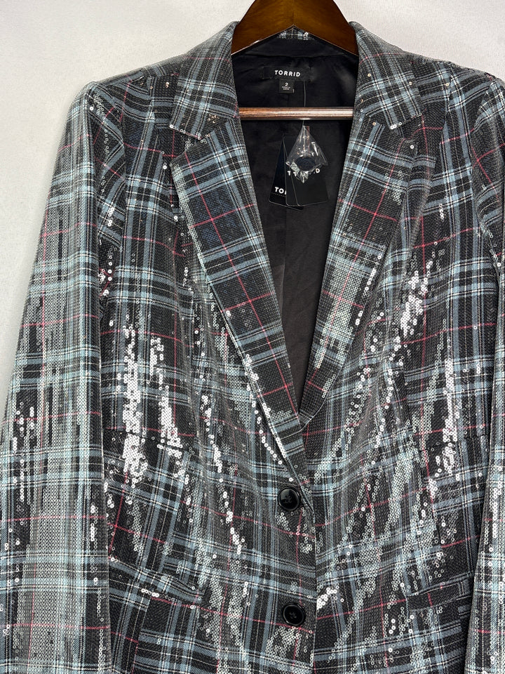 Torrid Womens Size 2X Black Blue Pink Plaid Sequin Lined Blazer