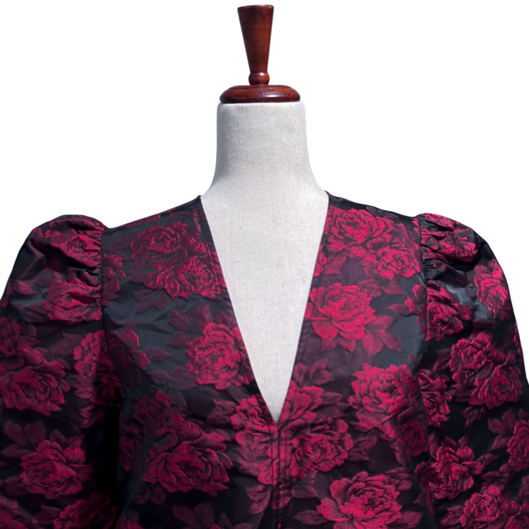 GANNI Dress 36 US Small Botanical Print Jacquard Long Sleeve Minidress in High Risk Red Cocktail
