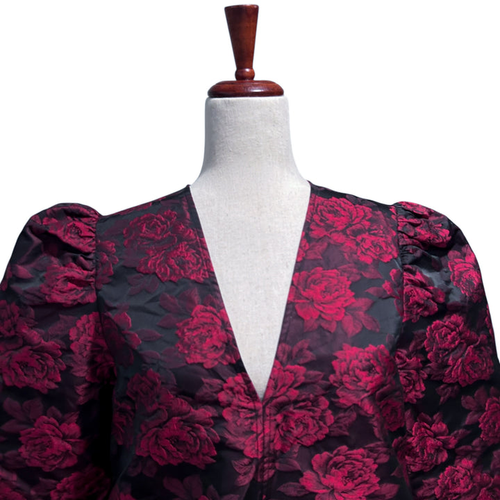 GANNI Dress 36 US Small Botanical Print Jacquard Long Sleeve Minidress in High Risk Red Cocktail