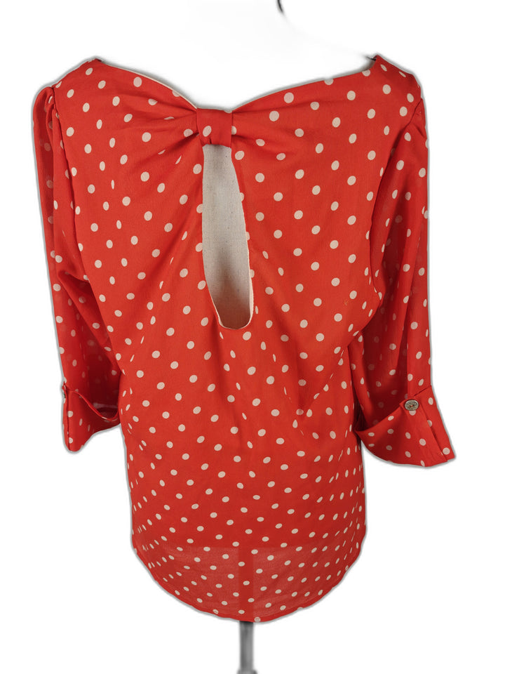 Women’s Peaches N Cream Blouse Red Polka Dot Bow Back Size Unknown