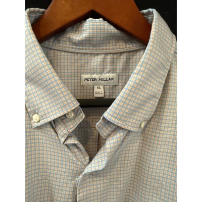 Peter Millar Mens XL Button-Down Shirt Long Sleeve Cotton Blue & White Check Pattern
