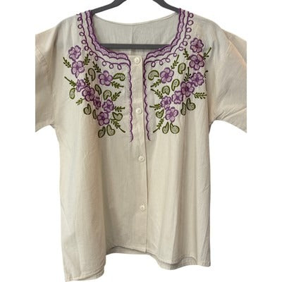 Women’s Handmade Purple Floral Embroidered Crème Shirt Sz L