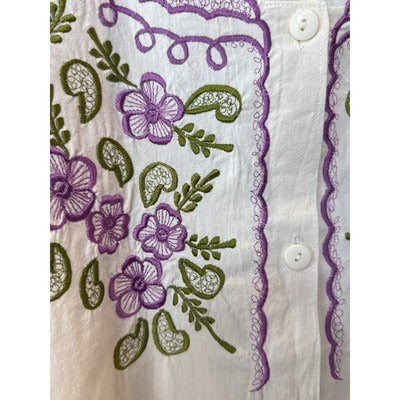 Women’s Handmade Purple Floral Embroidered Crème Shirt Sz L