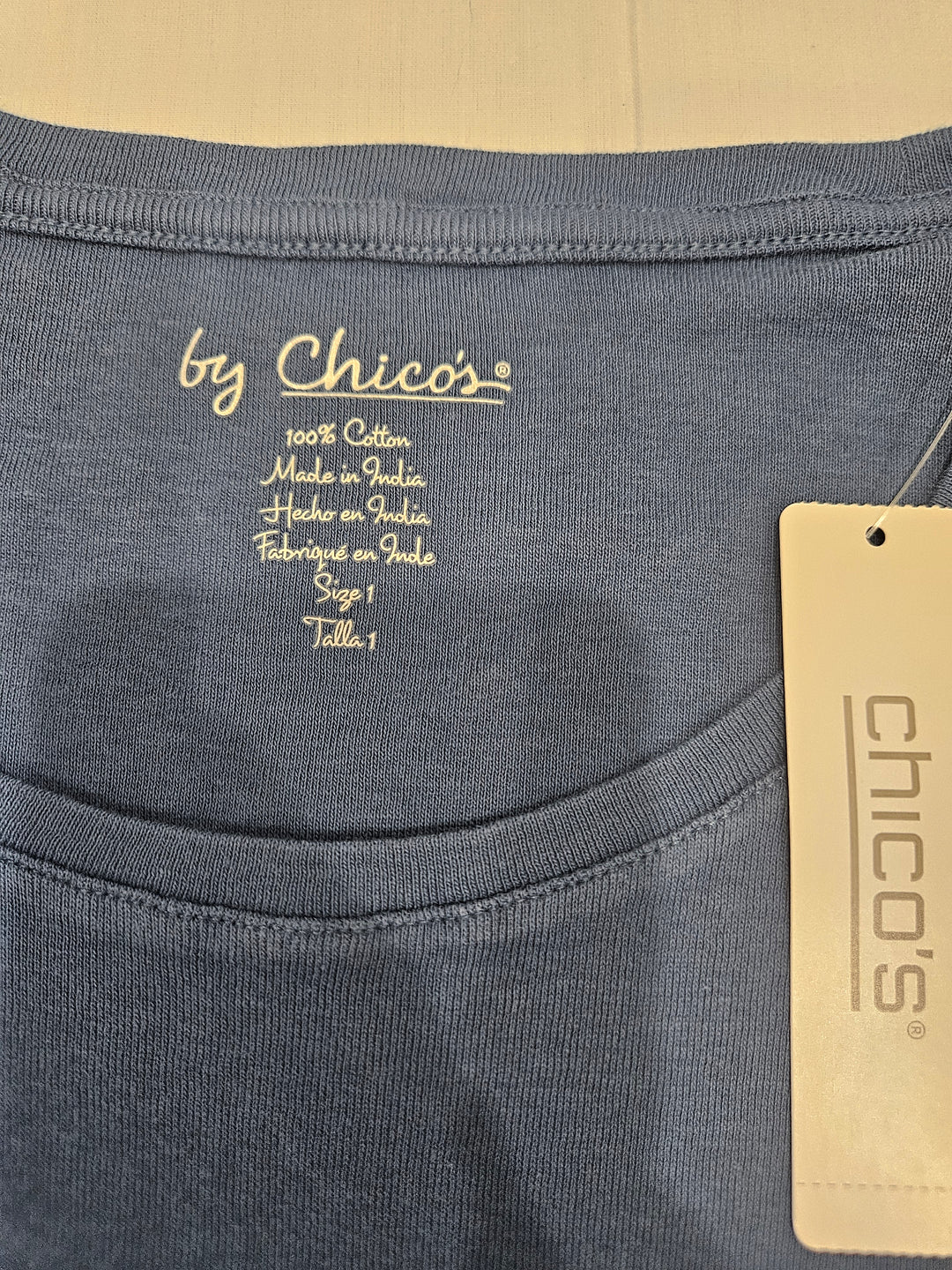 Womens Chico’s Bella Short Sleeve Basic Knit Top in Colonial Coast Blue Size 1