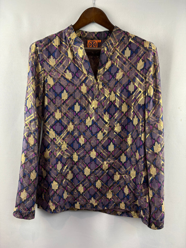 Women’s Tory Burch Size 8 Metallic Multicolor Pattern Blouse