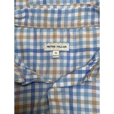 Peter Millar XL Mens Checkered Long Sleeve Button-Up Shirt Blue & Tan