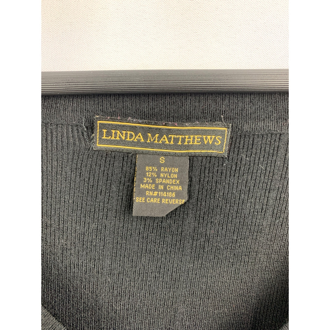 Linda Matthews Black V-Neck Ribbed Sweater Womens Size S