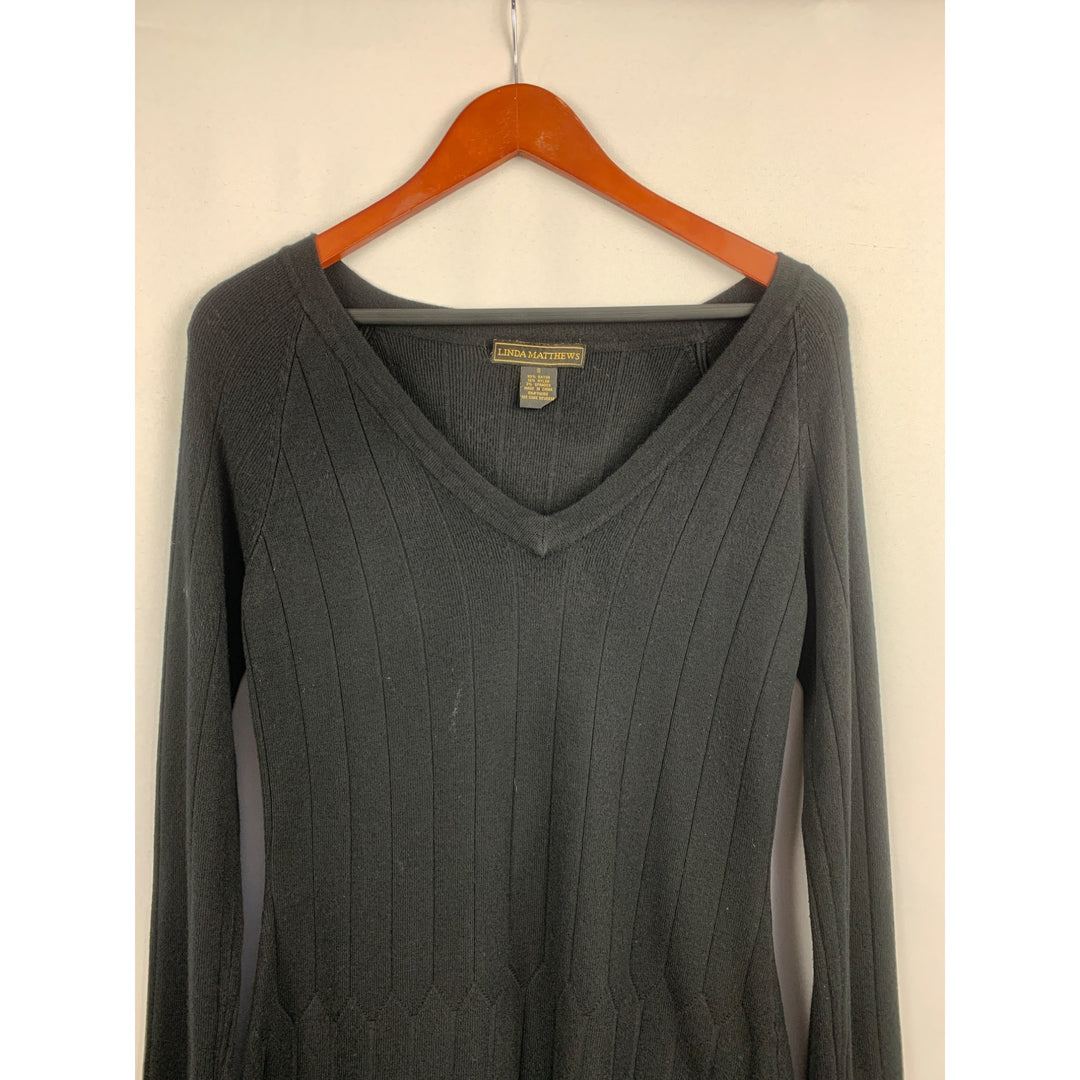 Linda Matthews Black V-Neck Ribbed Sweater Womens Size S