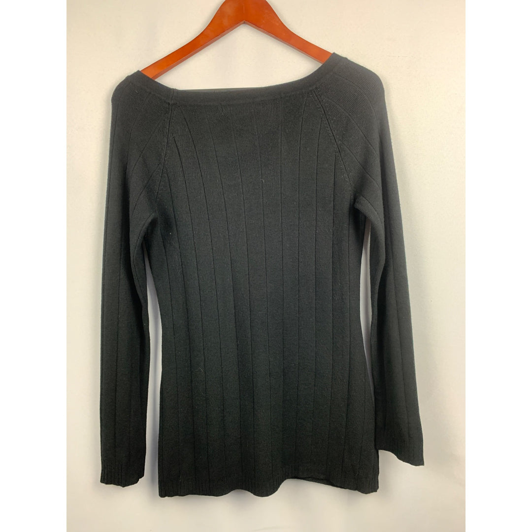 Linda Matthews Black V-Neck Ribbed Sweater Womens Size S
