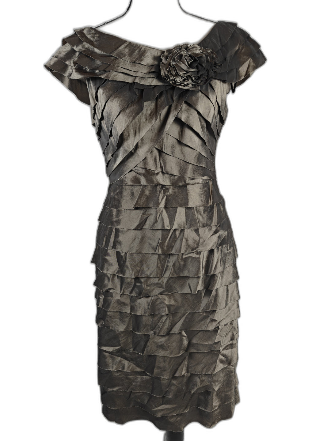 Women’s London Times Tiered Ruffle Rosette Cocktail Dress Silver Size 6