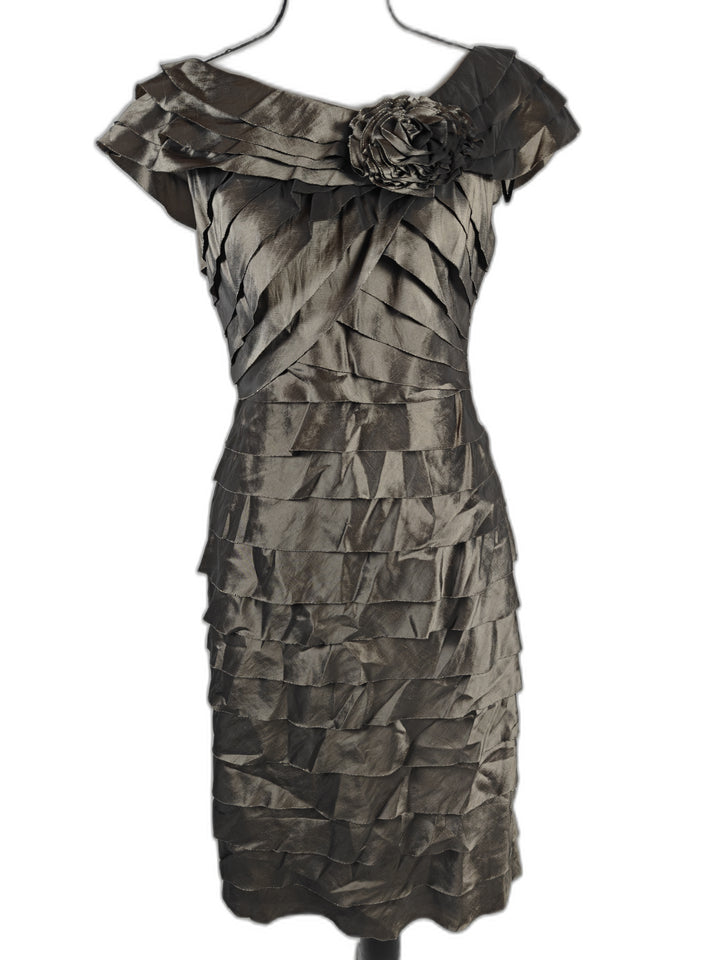 Women’s London Times Tiered Ruffle Rosette Cocktail Dress Silver Size 6