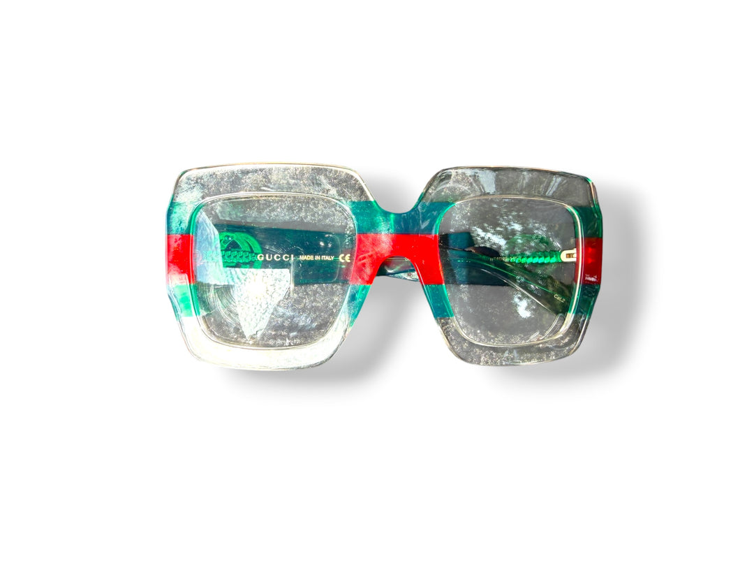 Gucci Oversized Square Web Stripe Sunglasses Green Red Clear Gold Logo