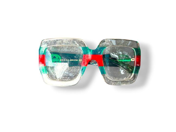 Gucci Oversized Square Web Stripe Sunglasses Green Red Clear Gold Logo