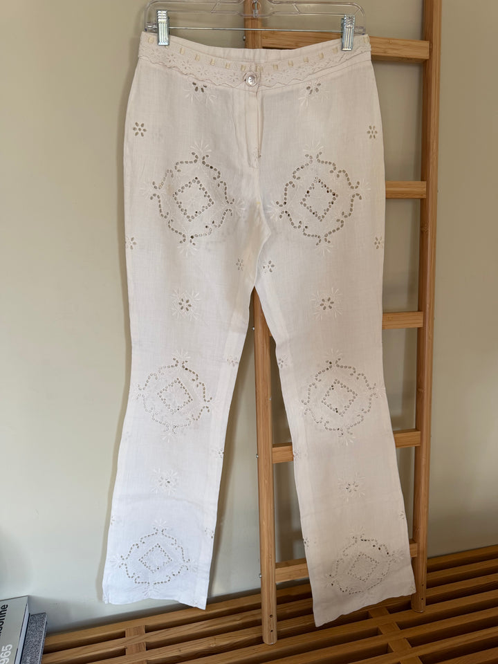 Vintage Moschino White Linen Eyelet Embroidered Pants Trousers