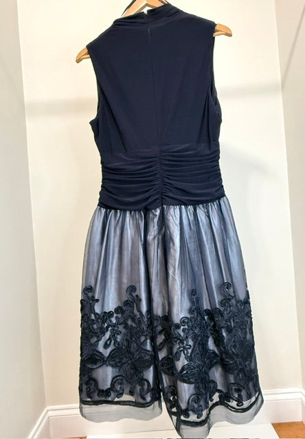 SLNY Fit &amp; Flare Navy Cocktail Dress Embroidered Tulle Skirt Sz14