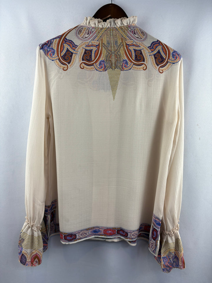 Women’s ETRO Size 14 Beige Button Up Blouse w/ Paisley Pattern
