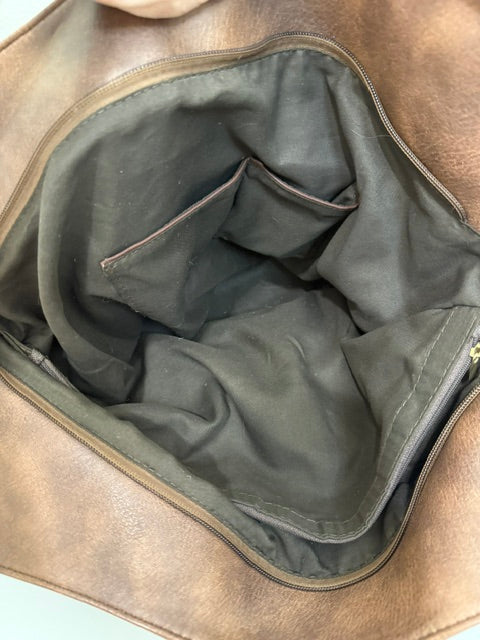 Vegan Leather Bucket Tote Crossbody Bag Brown Gold Hardware