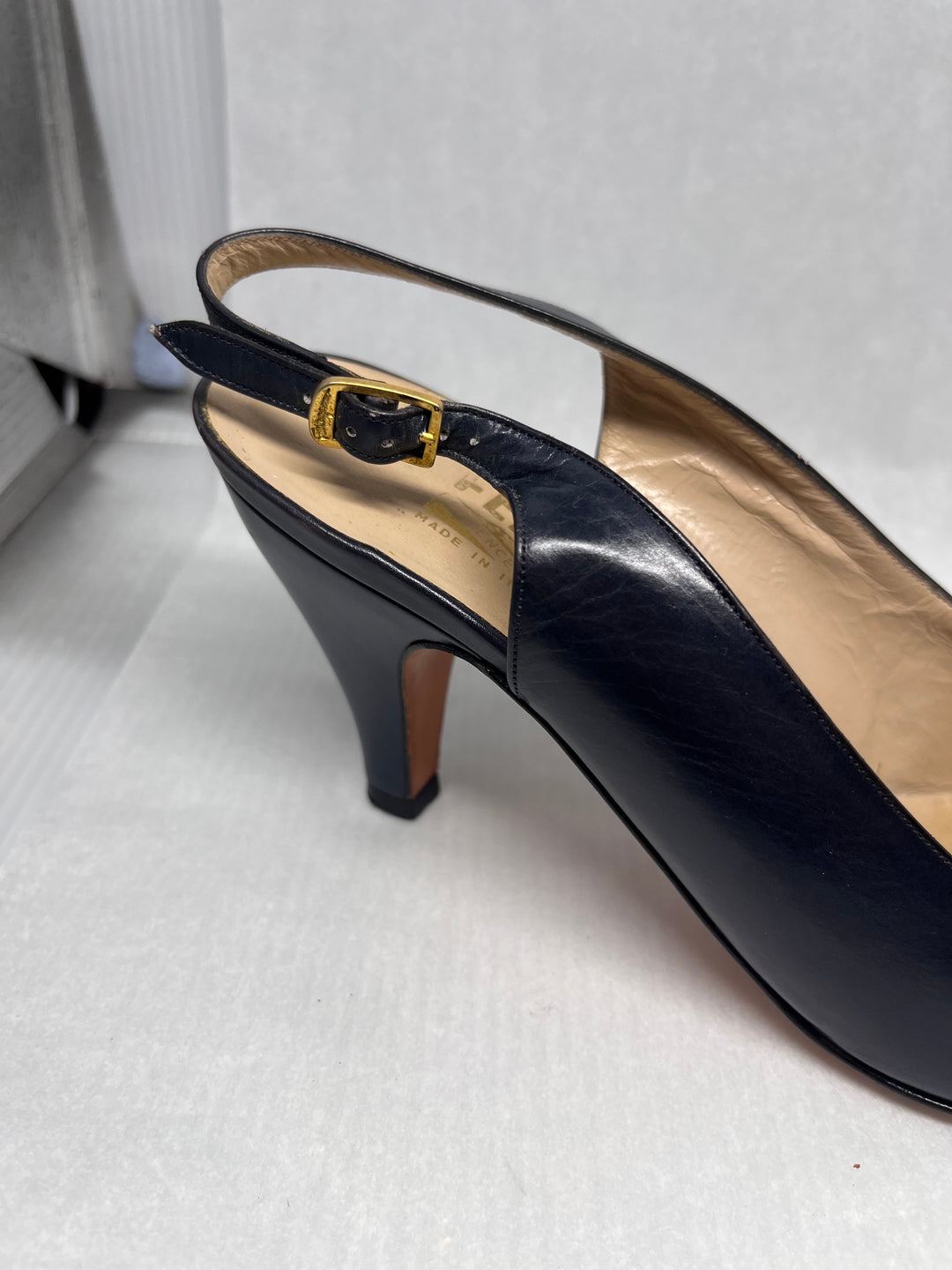 Salvatore Ferragamo Dark Blue Peep Toe Slingback Heels Size 7.5