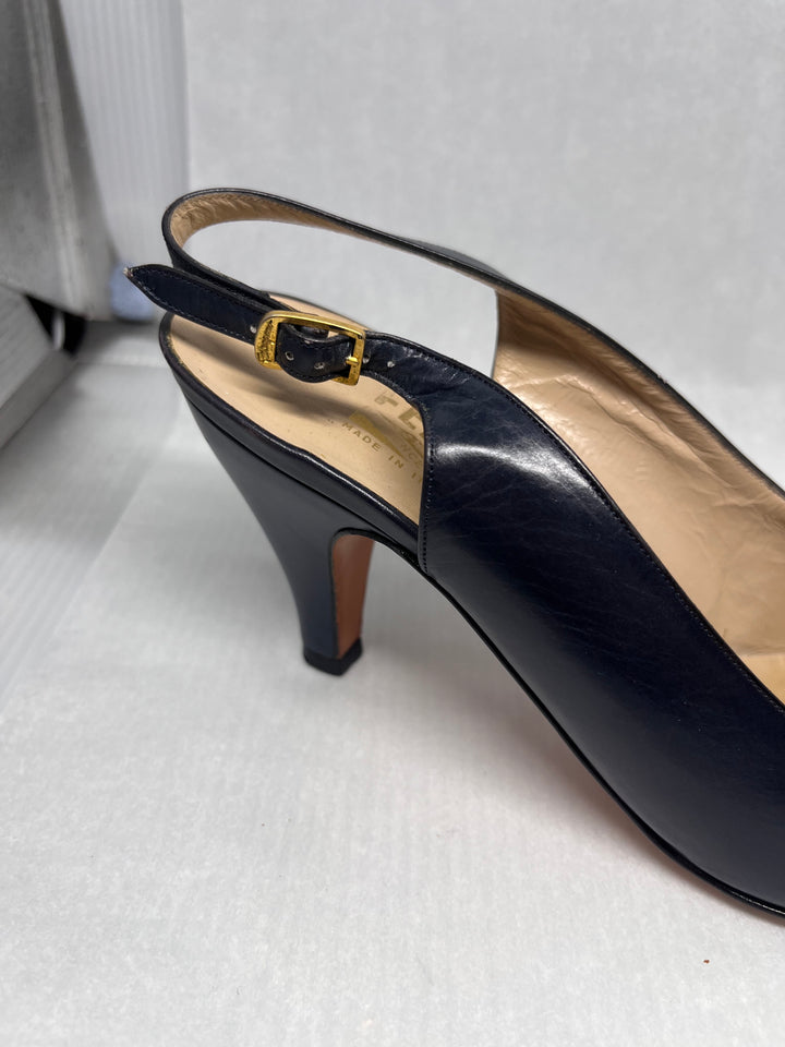 Salvatore Ferragamo Dark Blue Peep Toe Slingback Heels Size 7.5