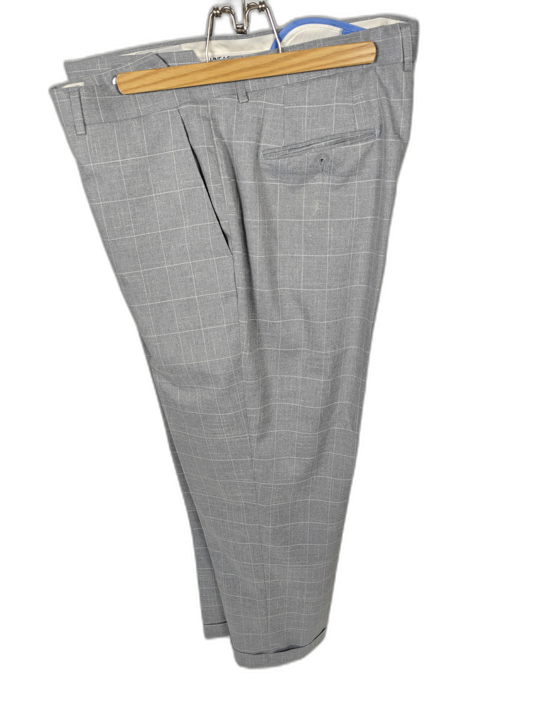 Lineage Men's Gray Windowpane 2 Piece Suit 42R Blazer & Dress Pants Stretch Classic Fit