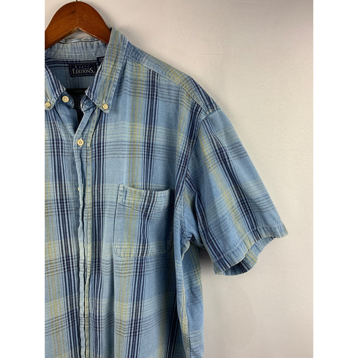Basic Editions Mens XL Plaid Short Sleeve Button-Down Shirt Blue & Yellow