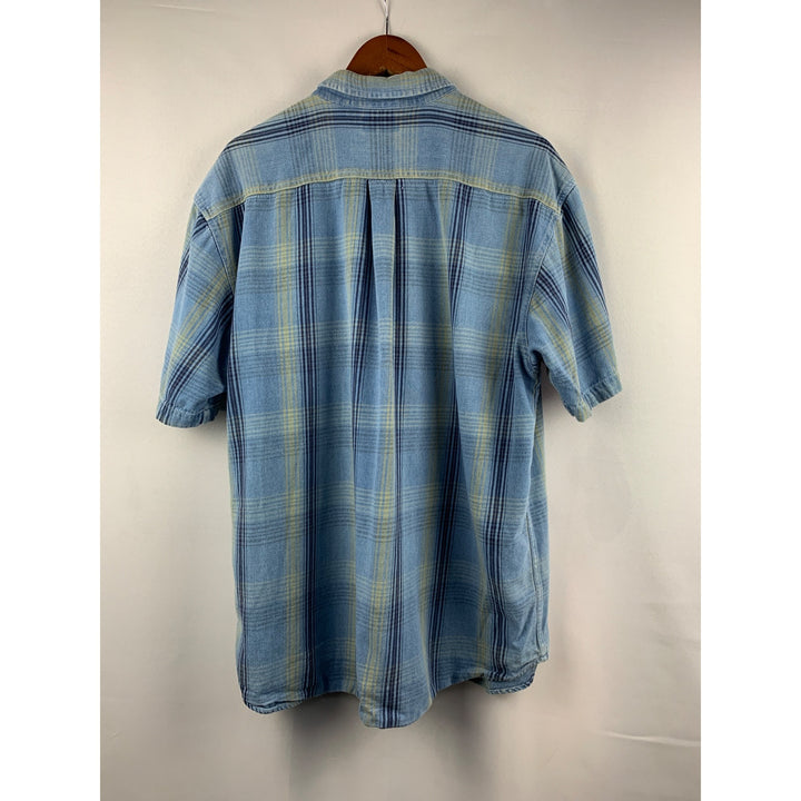 Basic Editions Mens XL Plaid Short Sleeve Button-Down Shirt Blue & Yellow
