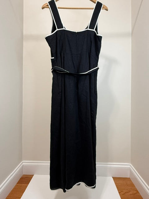 1901 Linen Blend Wrap Style Maxi Dress Black White Trim SzL