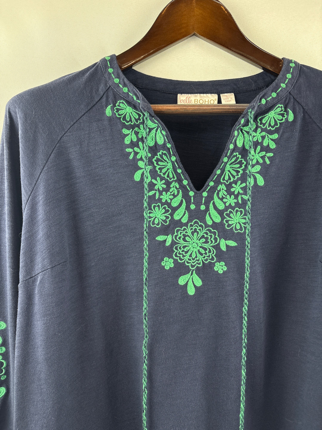 Women’s Belle Boho Kim Gravel Large Navy Embroidered Blouse