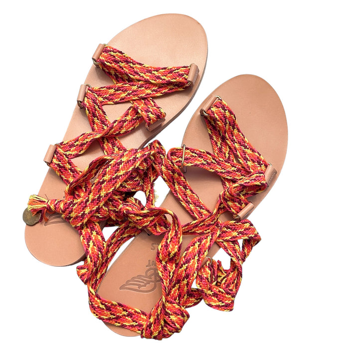 Ancient Greek Sandals Women's "Evelina" Flatform Sandals Woven Red Ankle Straps, with Box + Dustbag