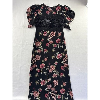 Women’s TopShop Black Maxi Dress w/Pink & Red Rose Design Sz 2