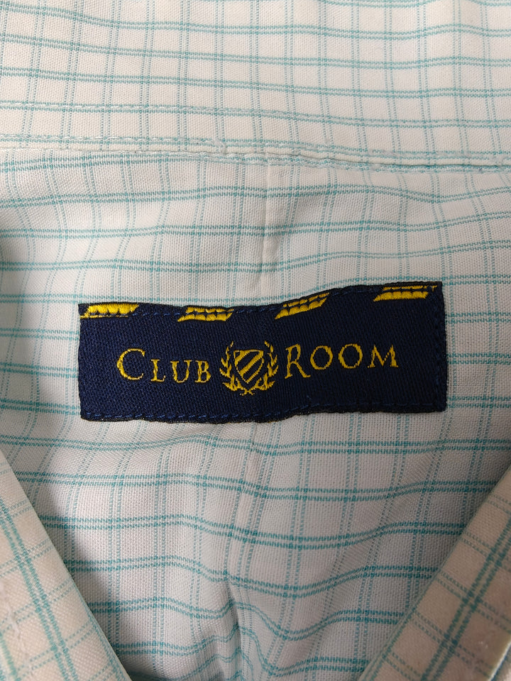Men’s Club Room Dress Shirt White Aqua Check Size 17.5 36/37
