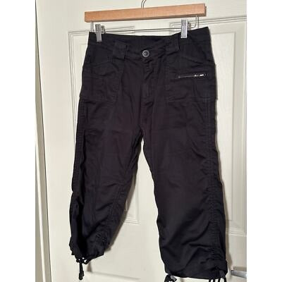 Womens Black Cargo Capri Pants With Drawstring Hem & Pockets