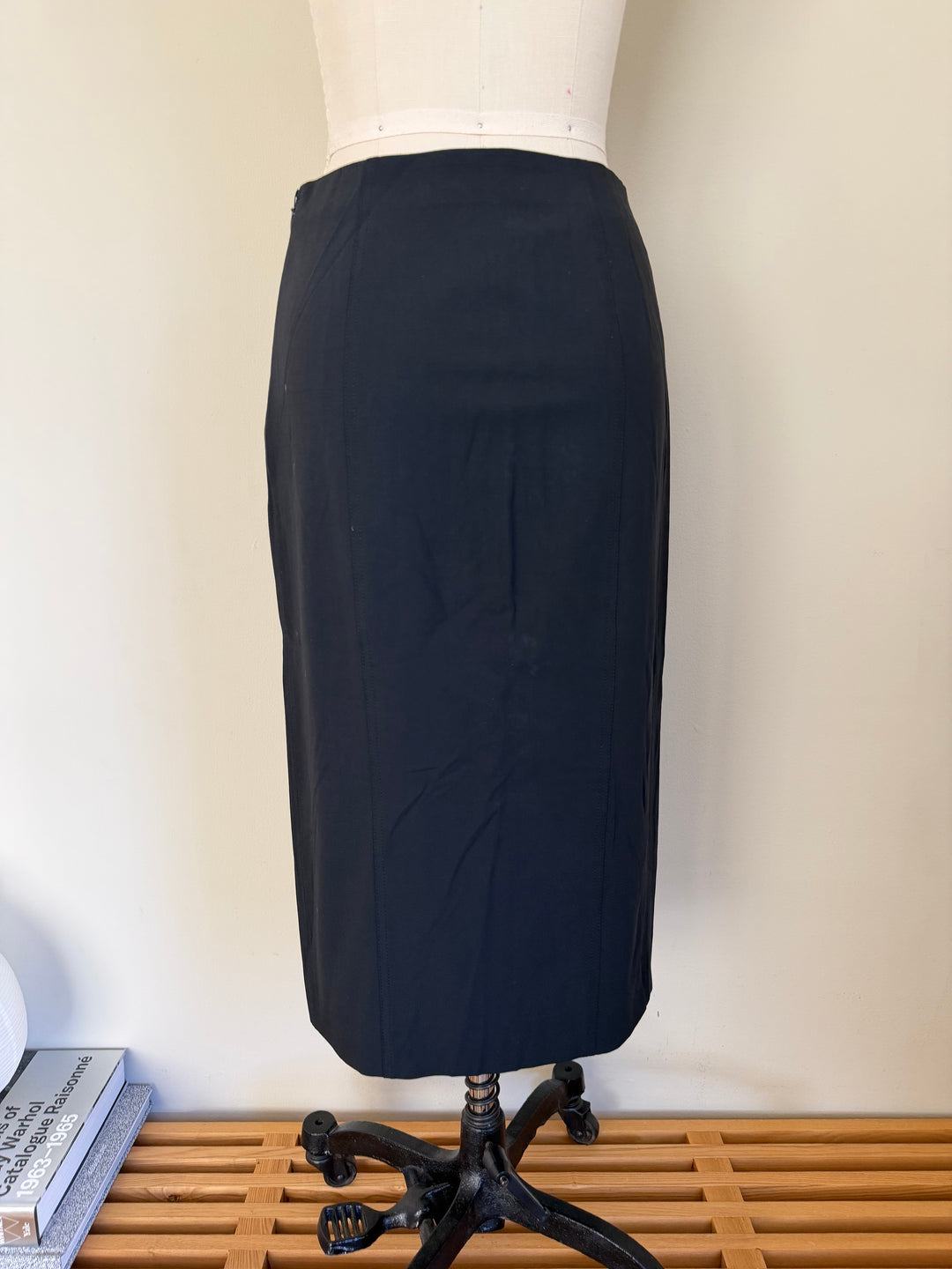 Christian Dior Boutique Black Wool Midi Pencil Skirt Side Slit Made in France FR 38